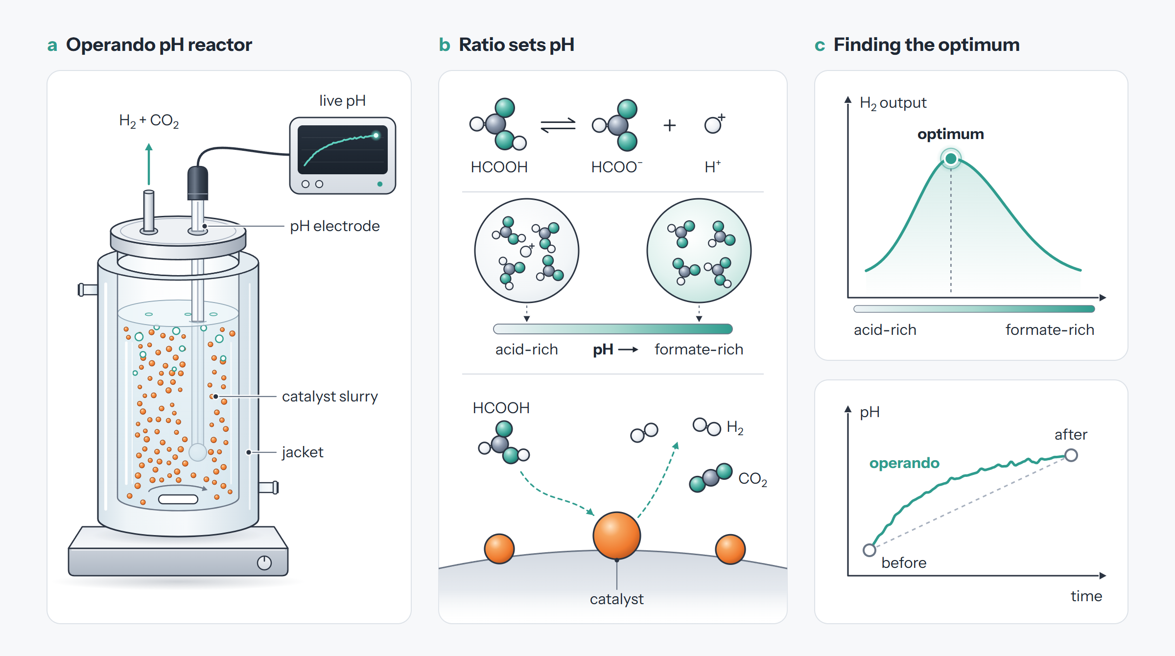 Operando pH reactor, how the acid–formate ratio sets pH, and the ratio that maximizes H₂ output