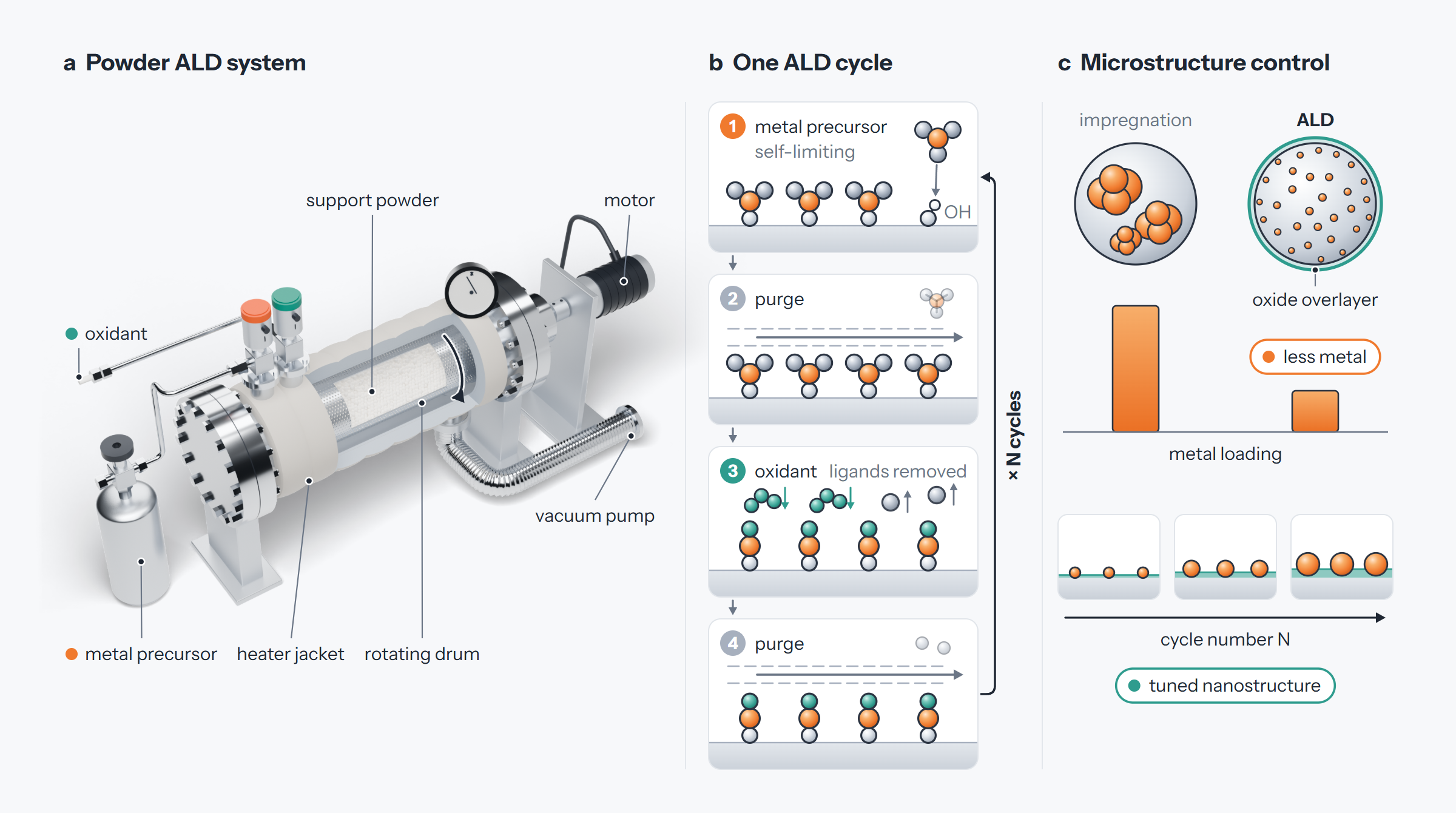 Powder ALD system with a rotating drum, one ALD cycle on a support surface, and less metal with tuned nanostructure versus impregnation